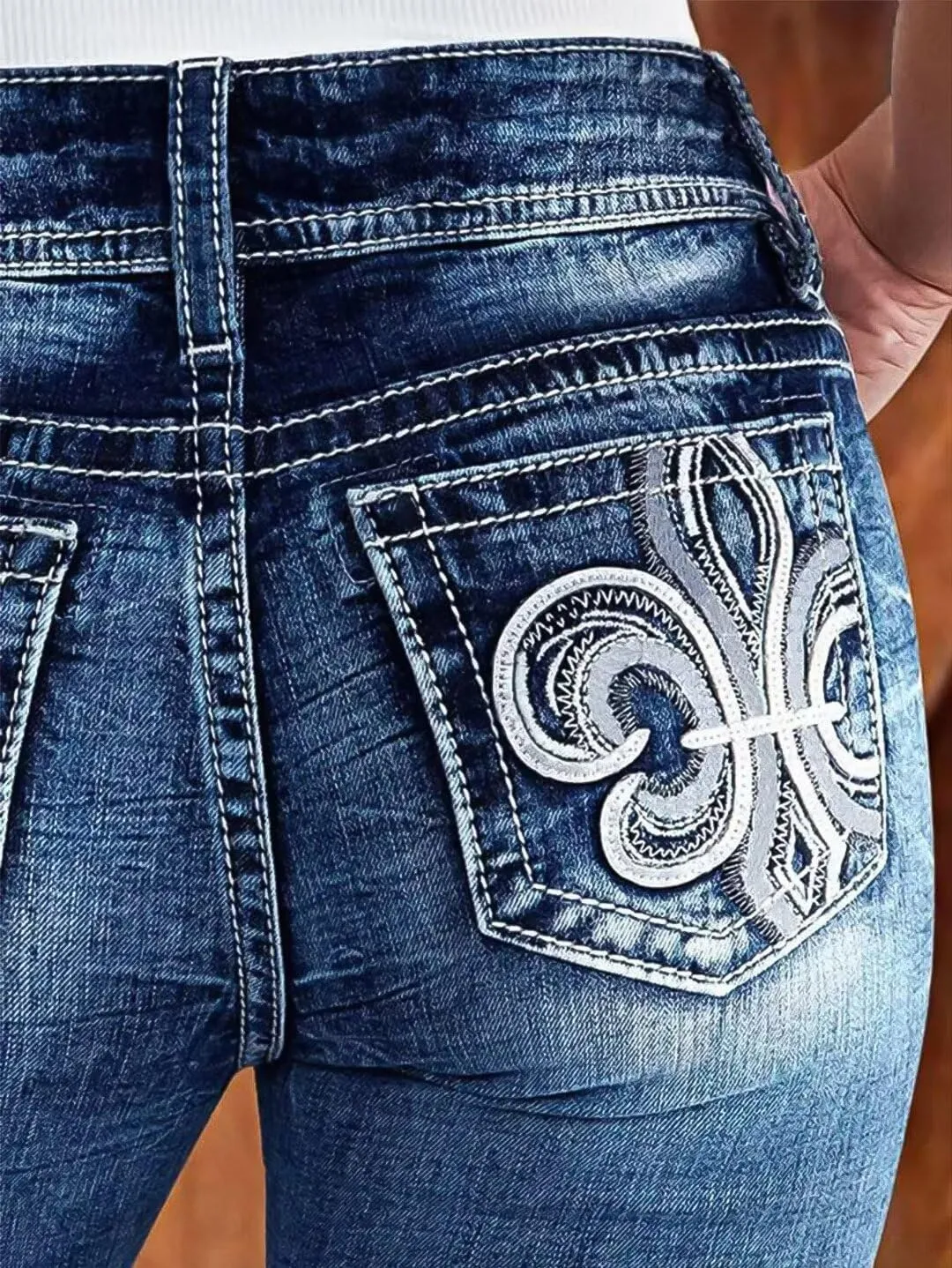 Flamingals Women's Boot Cut Jeans Butt Lifting Stretch Jeans Embroidered Skinny Leg Mid Rise Double Button Jeans