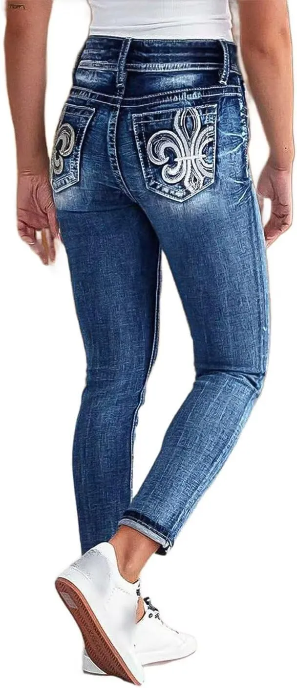 Flamingals Women's Boot Cut Jeans Butt Lifting Stretch Jeans Embroidered Skinny Leg Mid Rise Double Button Jeans