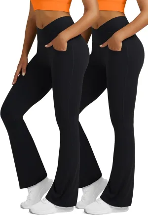 Flare Leggings for Women with Pockets 2pack High Waisted Crossover Flare Leggings Bootcut Yoga Pants