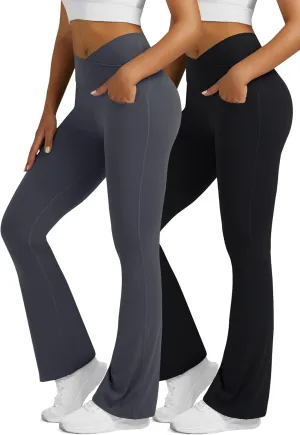 Flare Leggings for Women with Pockets 2pack High Waisted Crossover Flare Leggings Bootcut Yoga Pants
