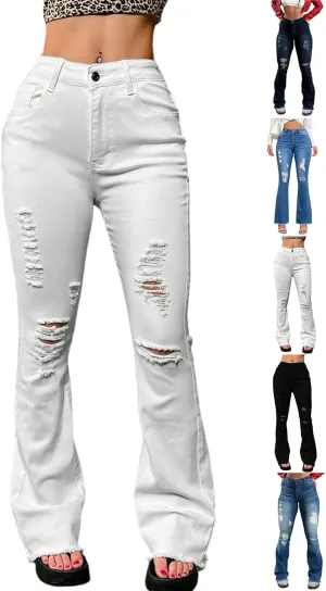 Flare Ripped Jeans Womens High Waisted Bell Bottom Distressed Jeans Skinny Bootcut Pants Denim Pants with Pockets
