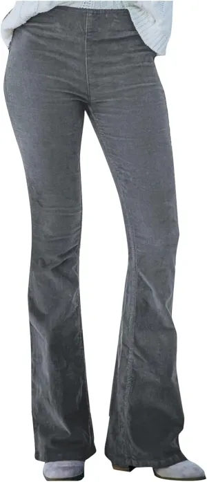 Flared Corduroy Pants Women Bootcut Pull On Work Pants Elastic High Waisted Flare Pants Bell Bottom Trousers w/Pockets
