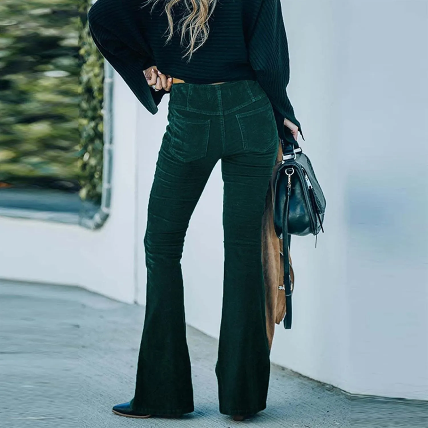 Flared Corduroy Pants Women Bootcut Pull On Work Pants Elastic High Waisted Flare Pants Bell Bottom Trousers w/Pockets