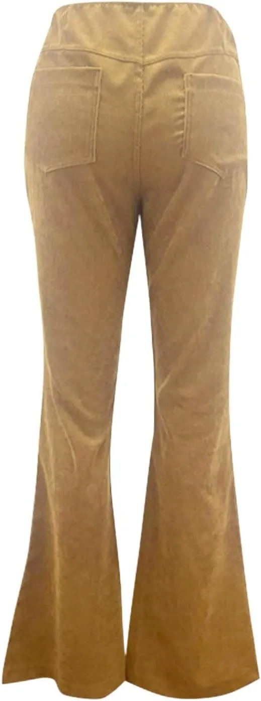 Flared Corduroy Pants Women Bootcut Pull On Work Pants Elastic High Waisted Flare Pants Bell Bottom Trousers w/Pockets