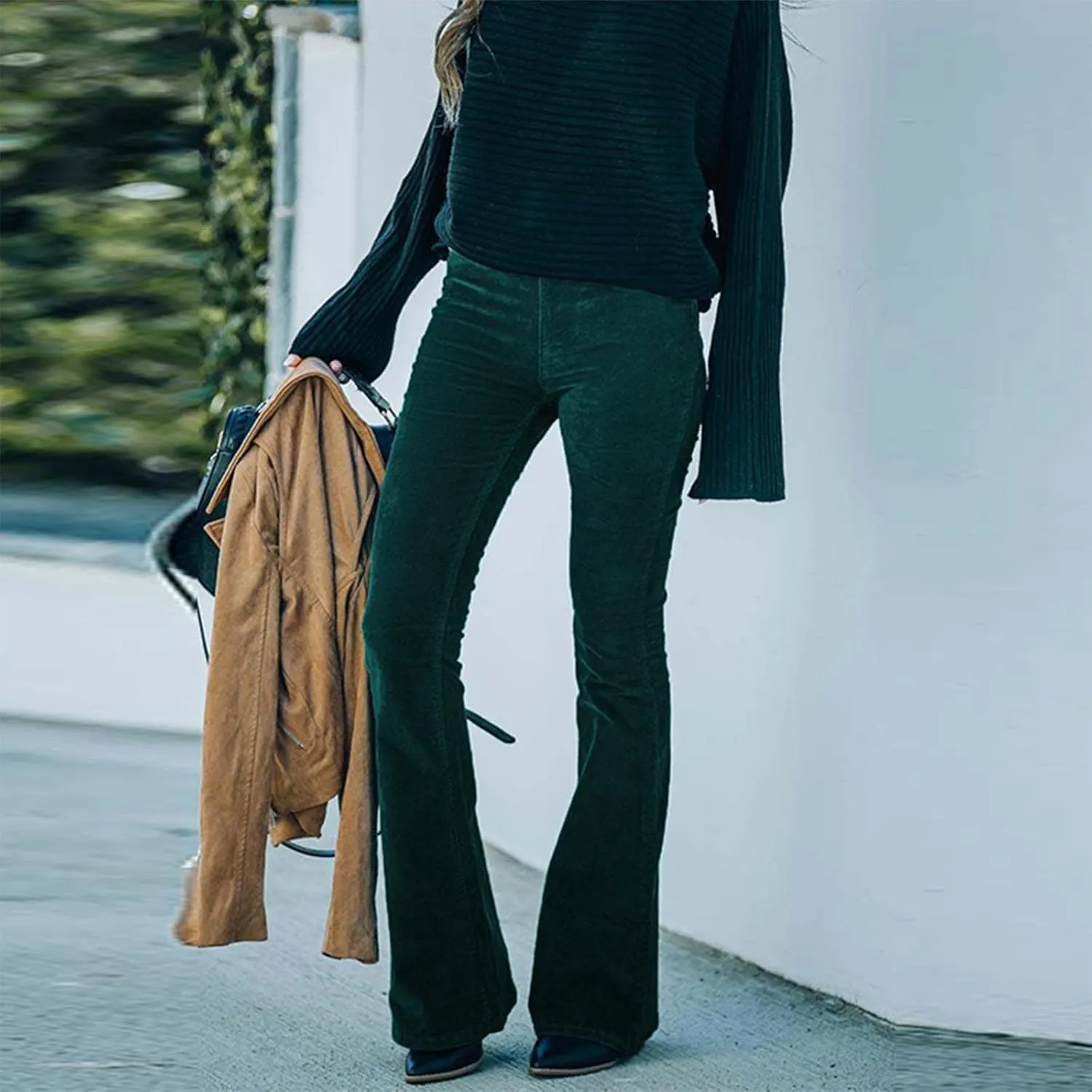 Flared Corduroy Pants Women Bootcut Pull On Work Pants Elastic High Waisted Flare Pants Bell Bottom Trousers w/Pockets