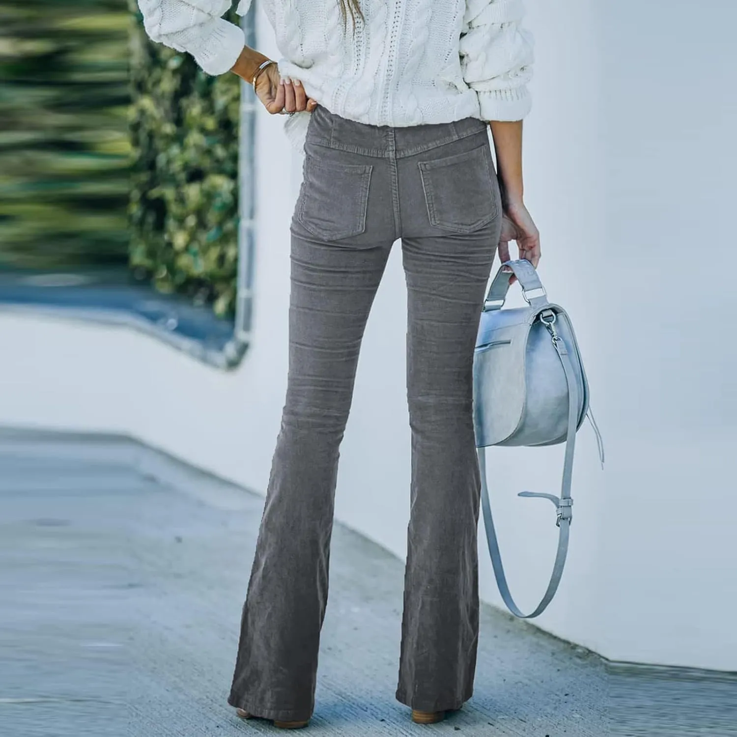 Flared Corduroy Pants Women Bootcut Pull On Work Pants Elastic High Waisted Flare Pants Bell Bottom Trousers w/Pockets