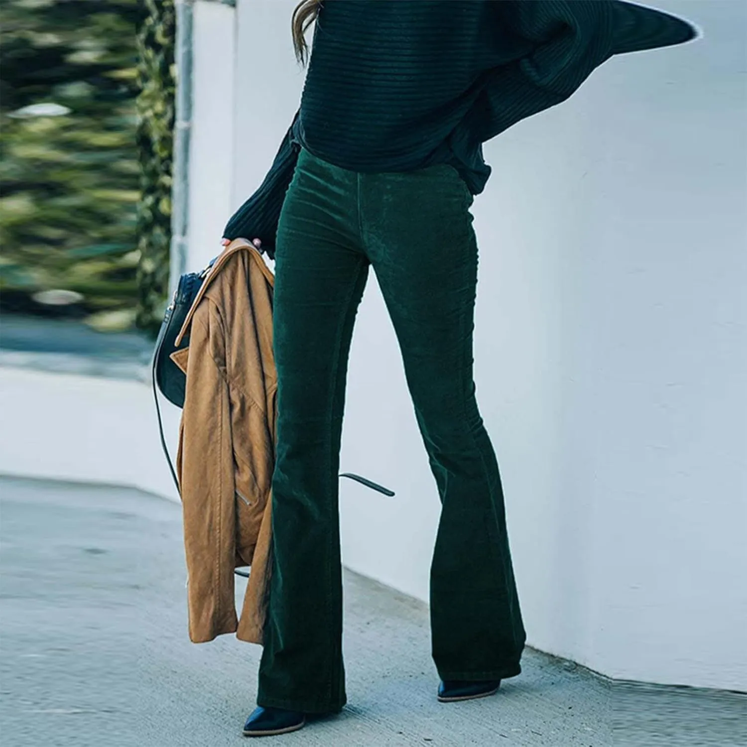Flared Corduroy Pants Women Bootcut Pull On Work Pants Elastic High Waisted Flare Pants Bell Bottom Trousers w/Pockets