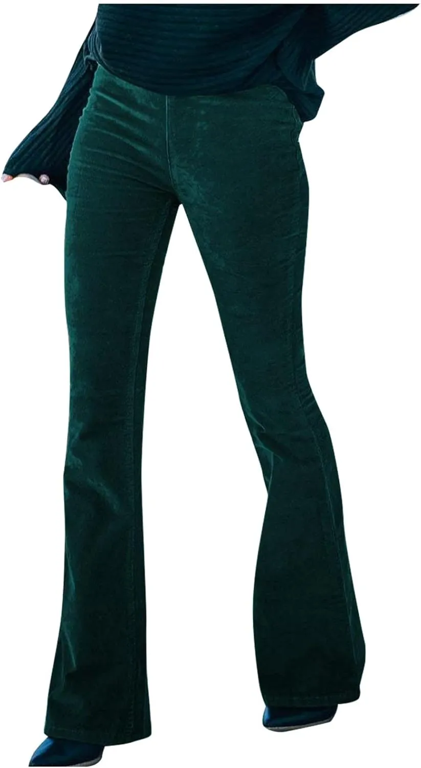 Flared Corduroy Pants Women Bootcut Pull On Work Pants Elastic High Waisted Flare Pants Bell Bottom Trousers w/Pockets