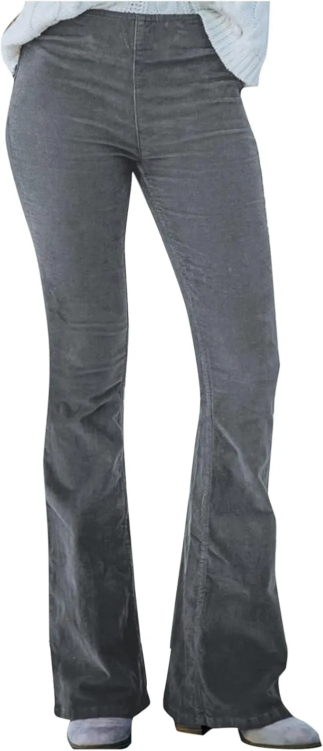 Flared Corduroy Pants Women Bootcut Pull On Work Pants Elastic High Waisted Flare Pants Bell Bottom Trousers w/Pockets