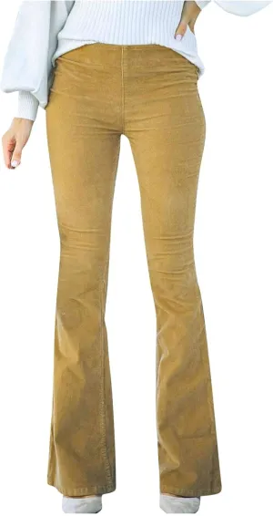Flared Corduroy Pants Women Bootcut Pull On Work Pants Elastic High Waisted Flare Pants Bell Bottom Trousers w/Pockets