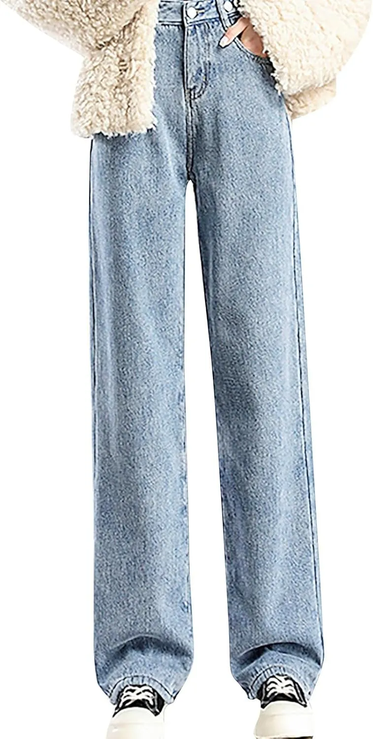 Fleece Lined Jeans Women High Waisted Straight Wide Leg Bootcut Denim Pants Fall Trendy Dressy Casual Plus Size Jean