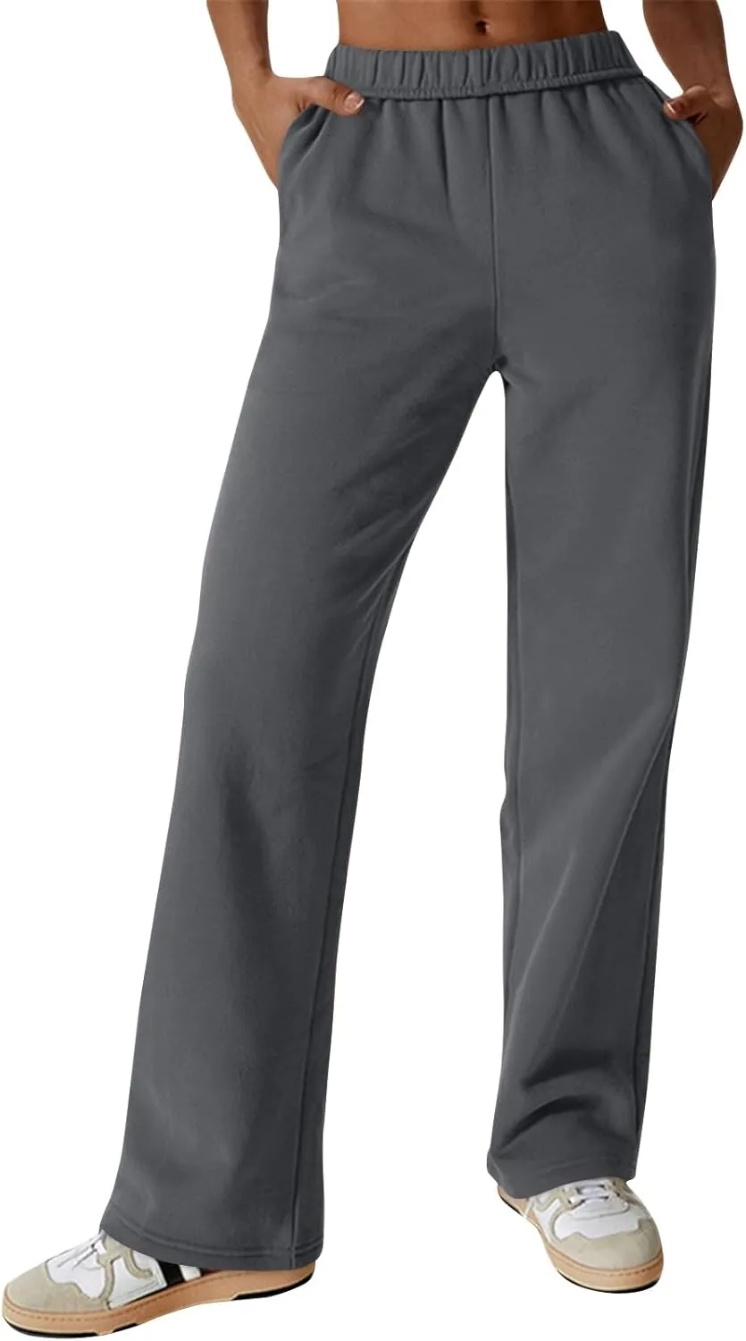 Fleece Straight Leg Sweatpants for Women Elastic High Waisted Joggers Athletic Sweat Pants Lounge Pants with Pockets