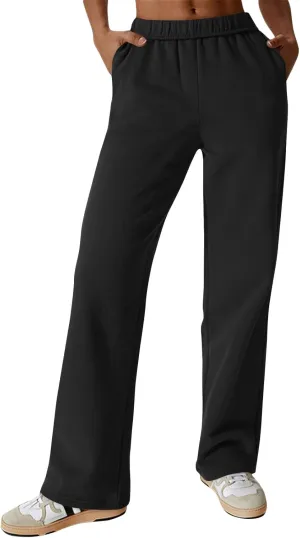 Fleece Straight Leg Sweatpants for Women Elastic High Waisted Joggers Athletic Sweat Pants Lounge Pants with Pockets
