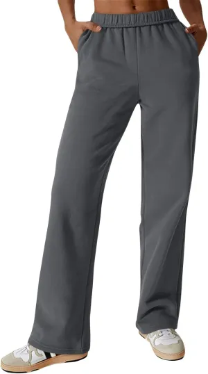 Fleece Straight Leg Sweatpants for Women Elastic High Waisted Joggers Athletic Sweat Pants Lounge Pants with Pockets
