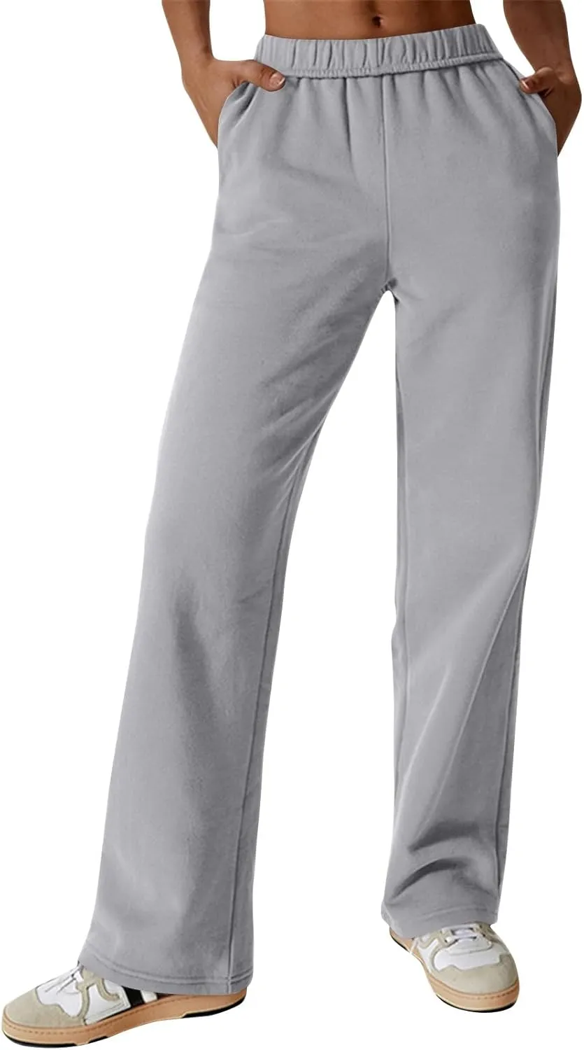 Fleece Straight Leg Sweatpants for Women Elastic High Waisted Joggers Athletic Sweat Pants Lounge Pants with Pockets