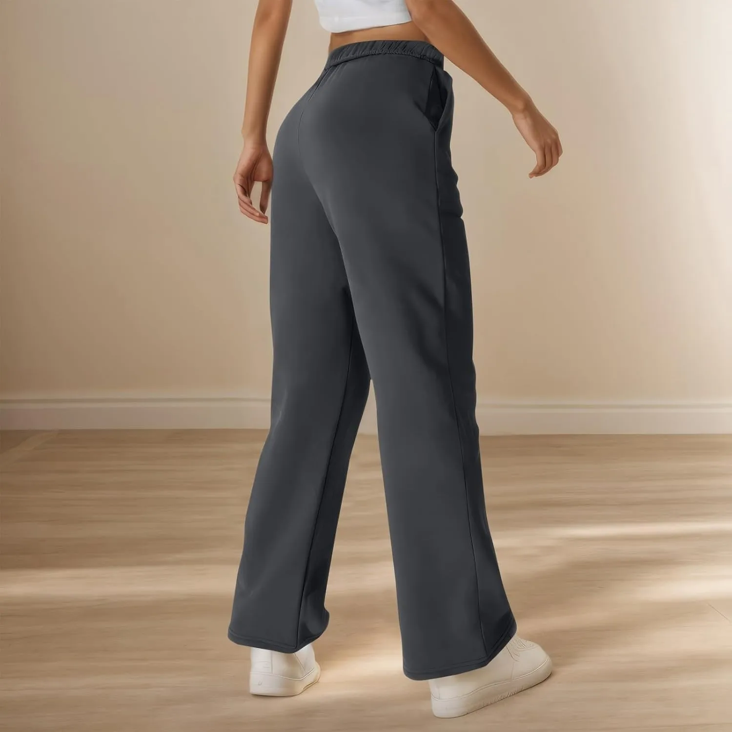 Fleece Straight Leg Sweatpants for Women Elastic High Waisted Joggers Athletic Sweat Pants Lounge Pants with Pockets