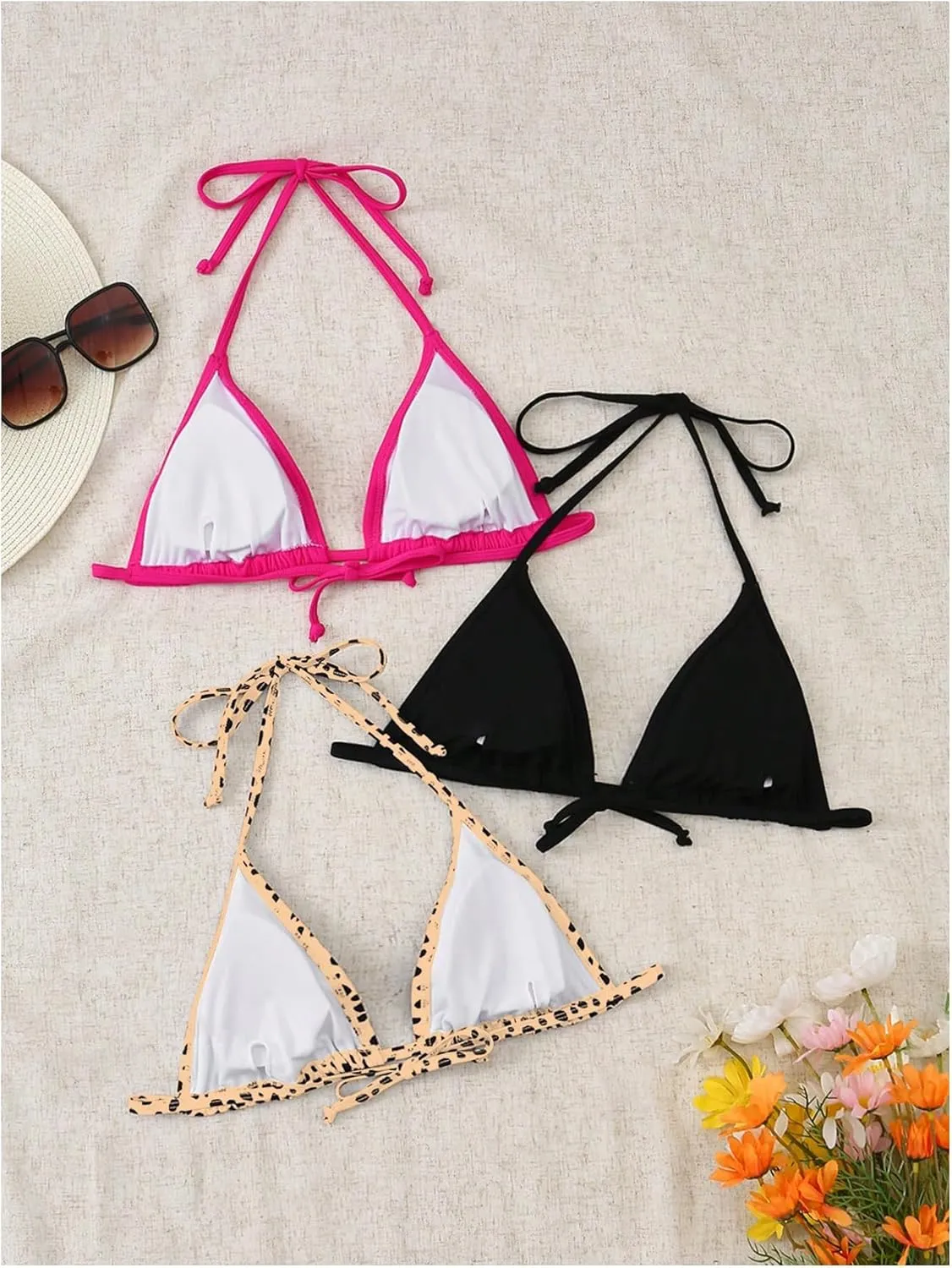 Floerns Women's 3 Pack Bikini Top Halter Tie Back Wireless Triangle Bathing Suit Tops