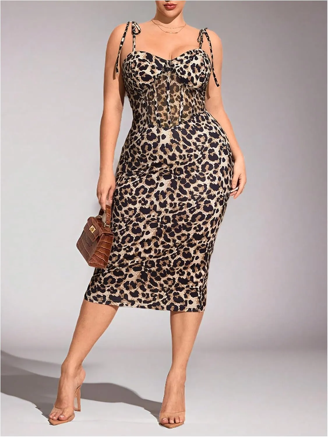 Floerns Women's Plus Size Cheetah Print Tie Shoulder Pencil Dress Midi Corset Dresses