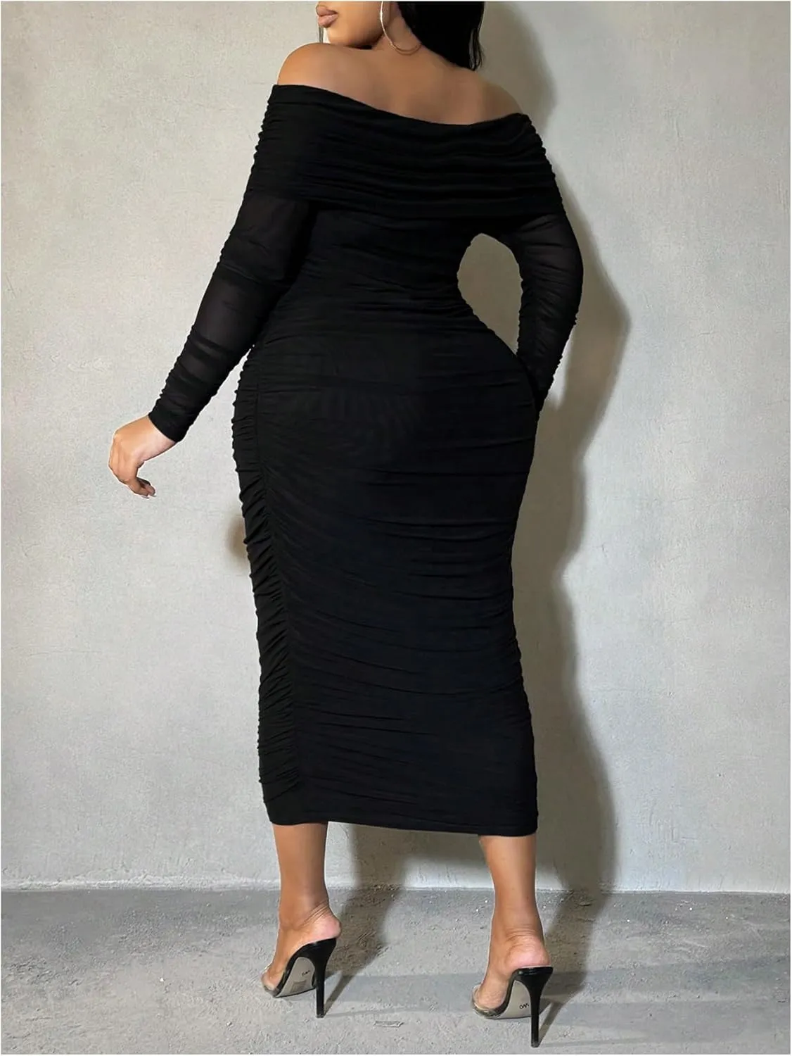 Floerns Women's Plus Size Off Shoulder Long Sleeve Midi Dress Ruched Mesh Bodycon Dresses