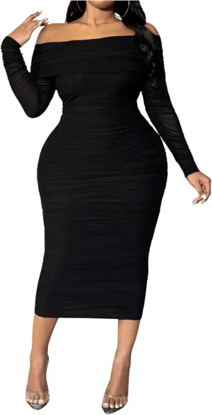 Floerns Women's Plus Size Off Shoulder Long Sleeve Midi Dress Ruched Mesh Bodycon Dresses