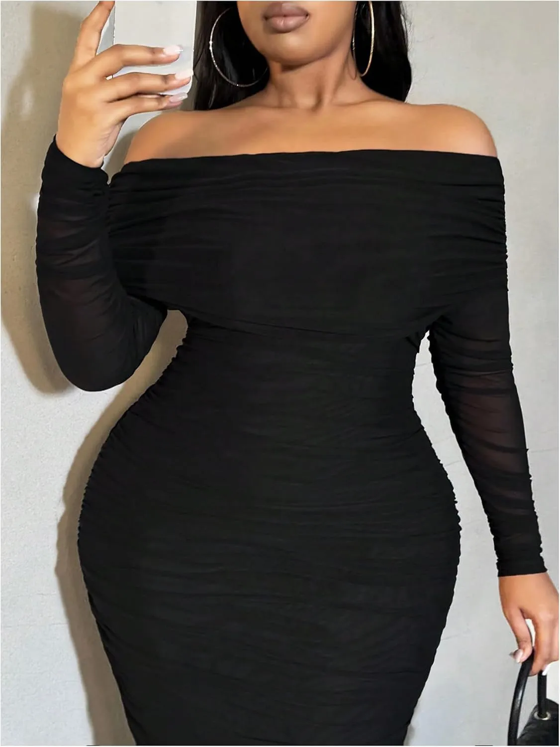 Floerns Women's Plus Size Off Shoulder Long Sleeve Midi Dress Ruched Mesh Bodycon Dresses