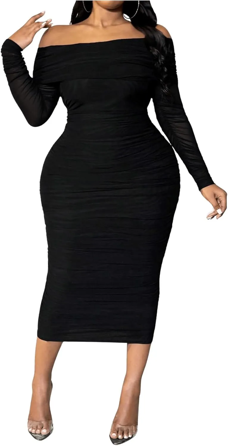 Floerns Women's Plus Size Off Shoulder Long Sleeve Midi Dress Ruched Mesh Bodycon Dresses
