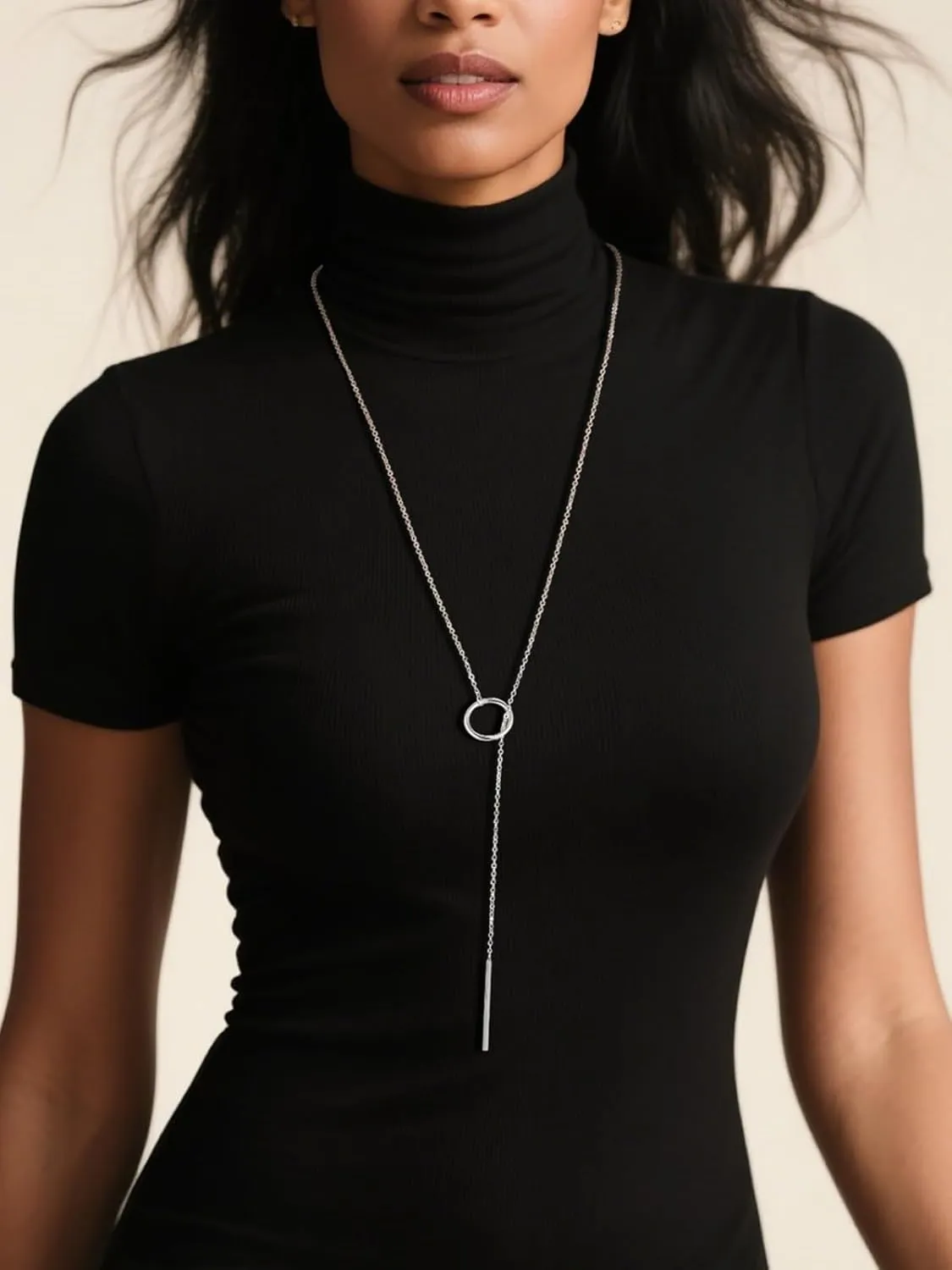 FOCALOOK Long Necklaces for Women 14K Gold Plated Dainty Drop Bar Pendant Lariat Y-Shaped Necklace Earring Set 28inch/73cm