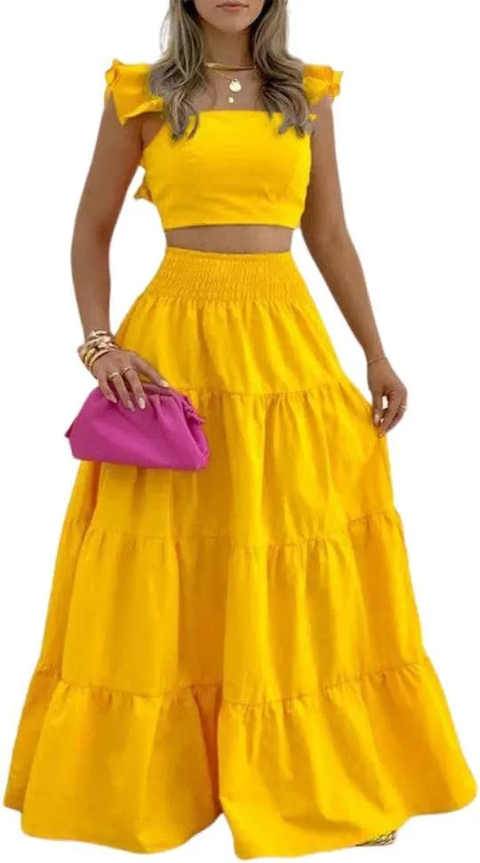 Fronage Women's 2 Piece Outifits Ruffle Sleeve Tank Top and High Waist Tiered Maxi Skirt Summer Casual Beach Dress Set