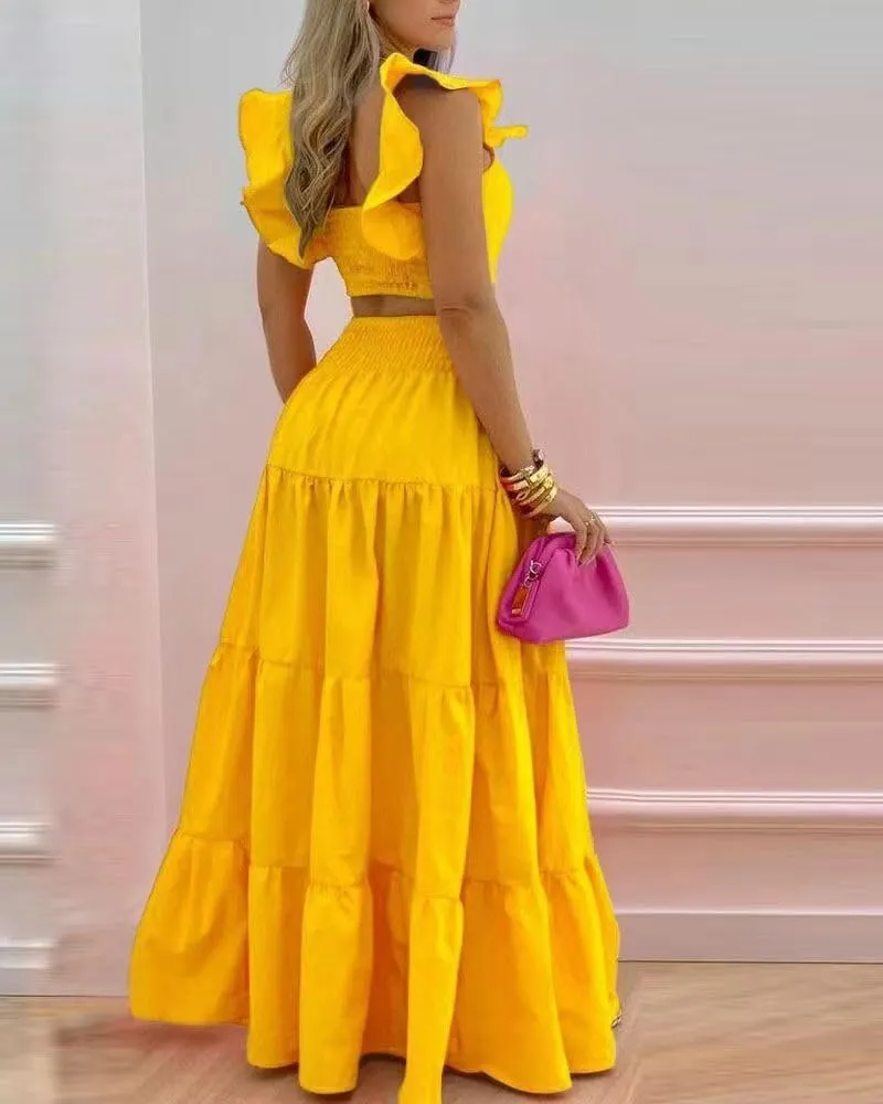 Fronage Women's 2 Piece Outifits Ruffle Sleeve Tank Top and High Waist Tiered Maxi Skirt Summer Casual Beach Dress Set