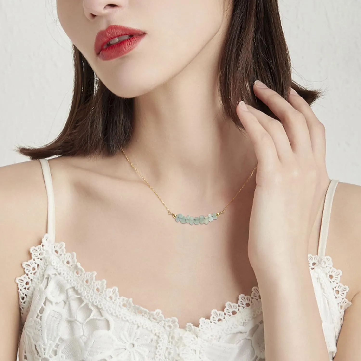 Gemstone Bar Necklaces for Women Gold Silver Plated Crystal Stone Beaded Necklace Pendant Dainty Choker Necklaces for Jewelry Gift