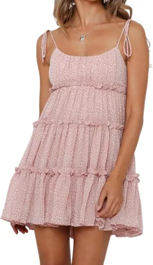 Gihuo Womens Floral Mini Dress Boho Flowy Skater Spaghetti Strap Ruffle Sleeveless Beach Dress 2024 Summer Sundresses