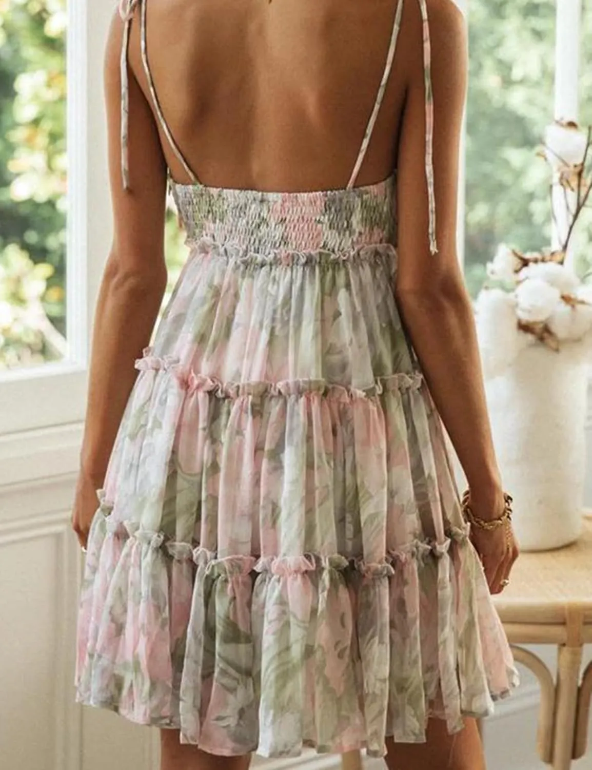 Gihuo Womens Floral Mini Dress Boho Flowy Skater Spaghetti Strap Ruffle Sleeveless Beach Dress 2024 Summer Sundresses