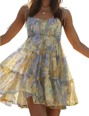 Gihuo Womens Floral Mini Dress Boho Flowy Skater Spaghetti Strap Ruffle Sleeveless Beach Dress 2024 Summer Sundresses
