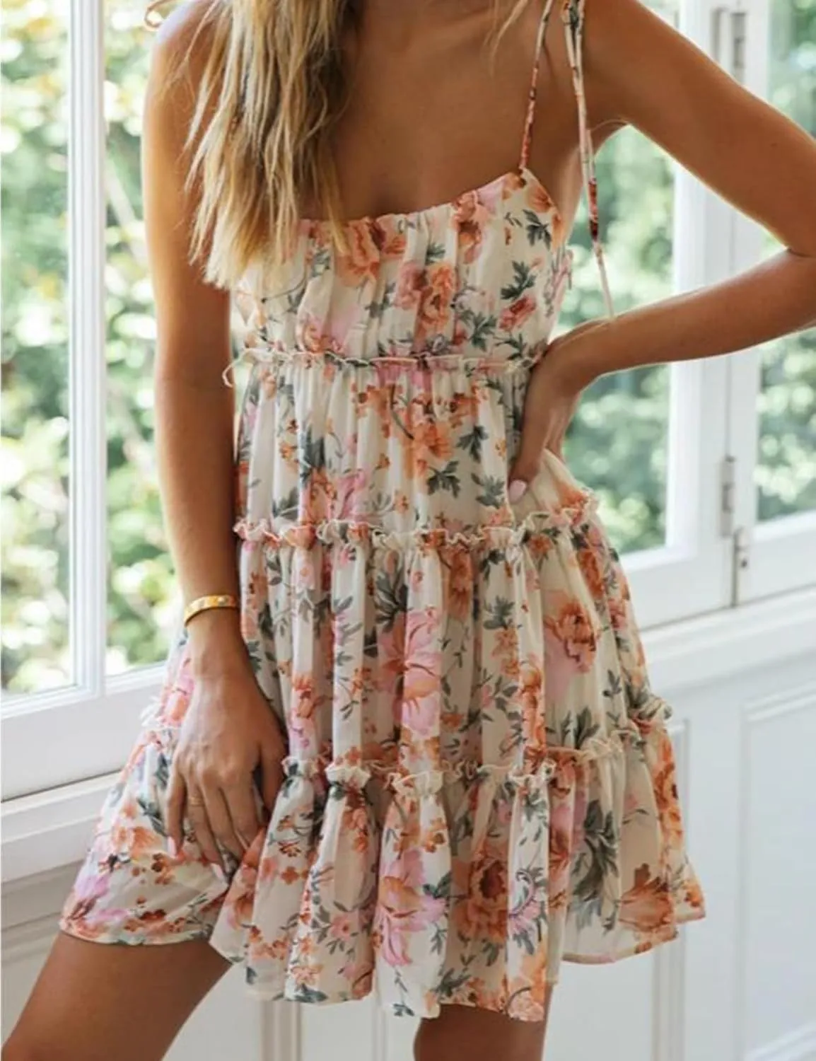 Gihuo Womens Floral Mini Dress Boho Flowy Skater Spaghetti Strap Ruffle Sleeveless Beach Dress 2024 Summer Sundresses