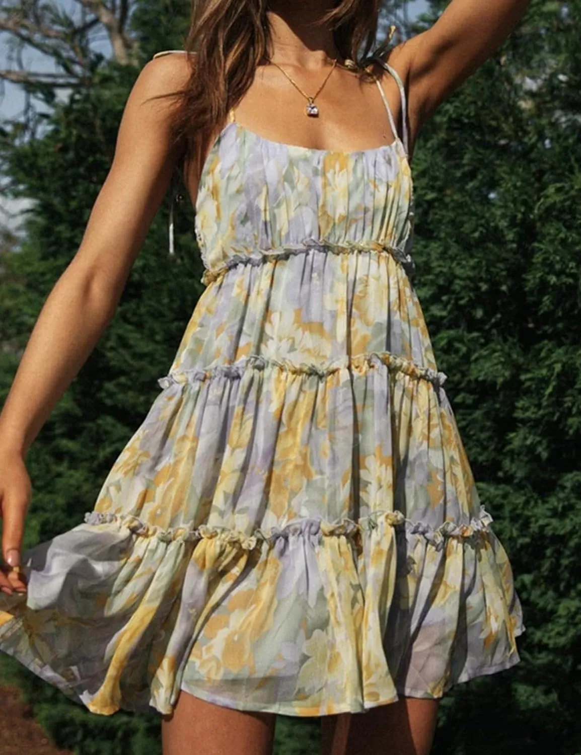 Gihuo Womens Floral Mini Dress Boho Flowy Skater Spaghetti Strap Ruffle Sleeveless Beach Dress 2024 Summer Sundresses