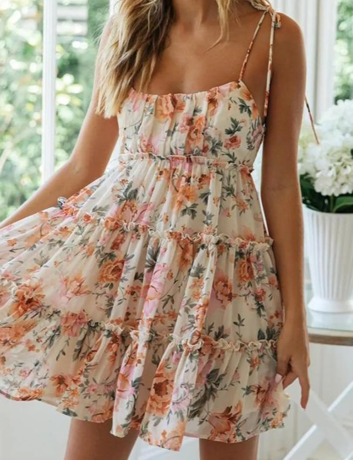 Gihuo Womens Floral Mini Dress Boho Flowy Skater Spaghetti Strap Ruffle Sleeveless Beach Dress 2024 Summer Sundresses