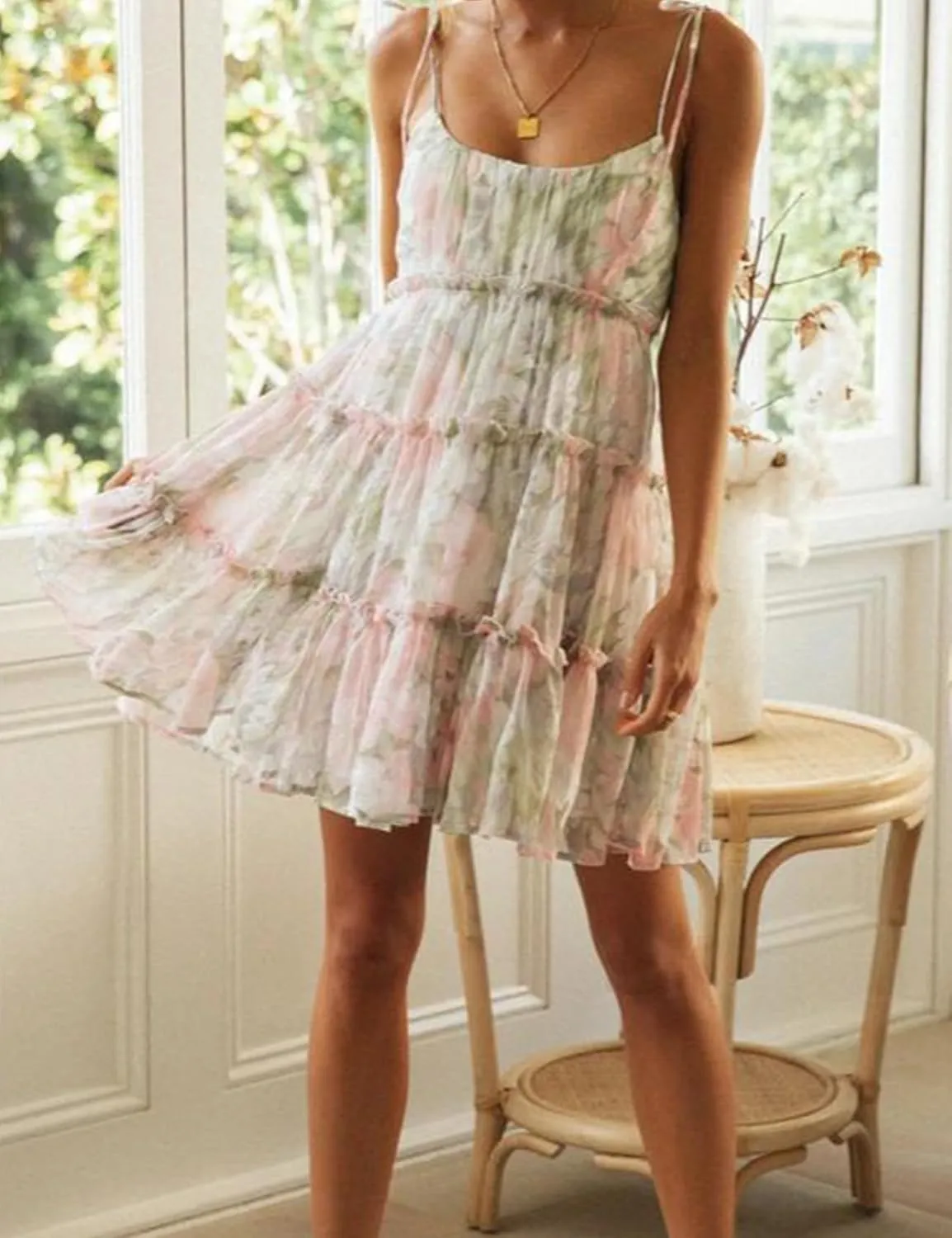 Gihuo Womens Floral Mini Dress Boho Flowy Skater Spaghetti Strap Ruffle Sleeveless Beach Dress 2024 Summer Sundresses