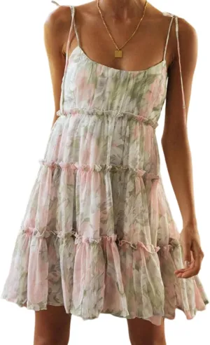 Gihuo Womens Floral Mini Dress Boho Flowy Skater Spaghetti Strap Ruffle Sleeveless Beach Dress 2024 Summer Sundresses