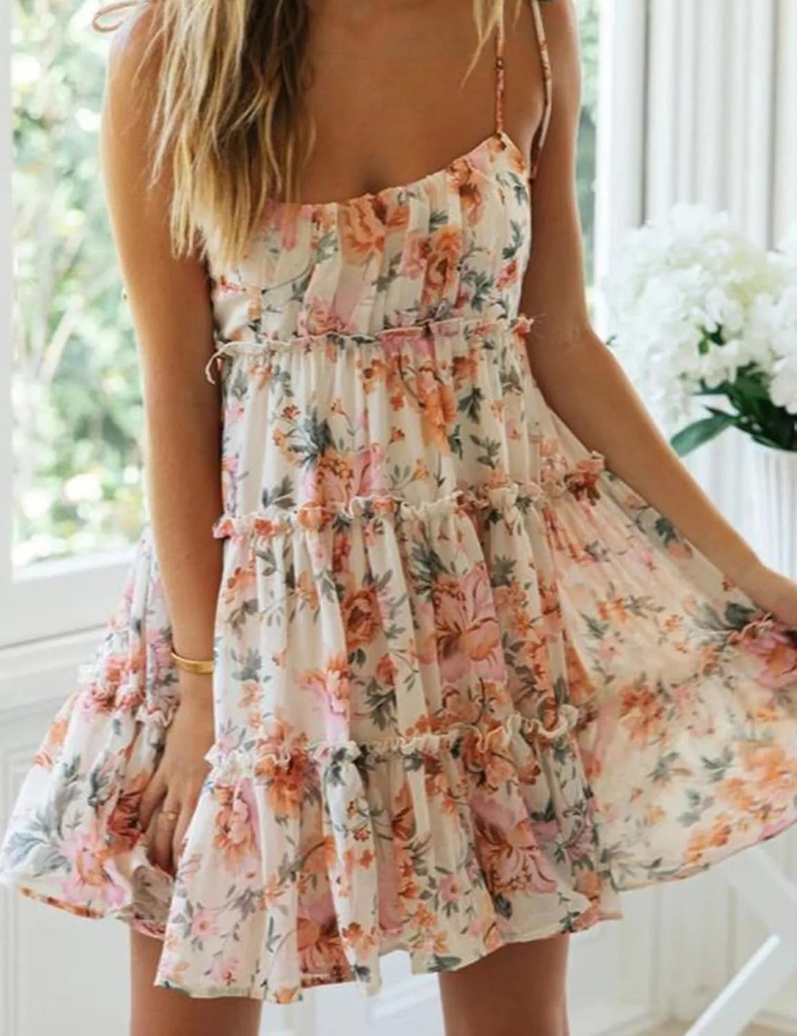 Gihuo Womens Floral Mini Dress Boho Flowy Skater Spaghetti Strap Ruffle Sleeveless Beach Dress 2024 Summer Sundresses