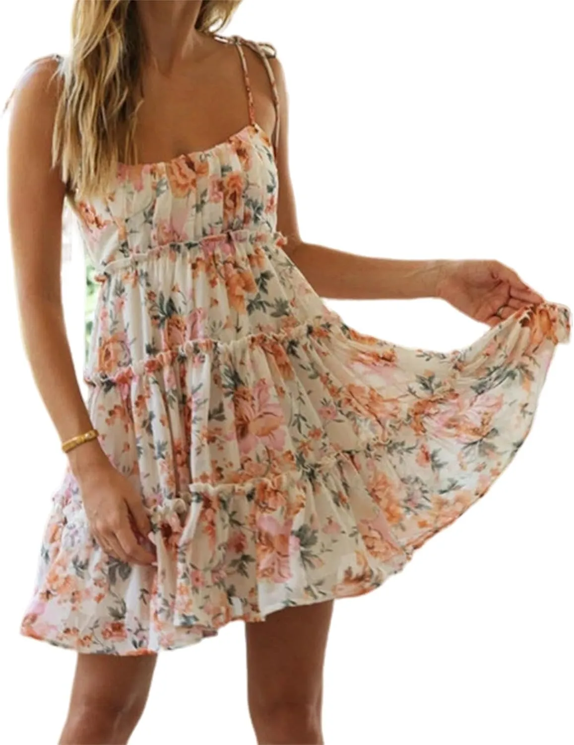 Gihuo Womens Floral Mini Dress Boho Flowy Skater Spaghetti Strap Ruffle Sleeveless Beach Dress 2024 Summer Sundresses