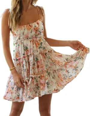 Gihuo Womens Floral Mini Dress Boho Flowy Skater Spaghetti Strap Ruffle Sleeveless Beach Dress 2024 Summer Sundresses