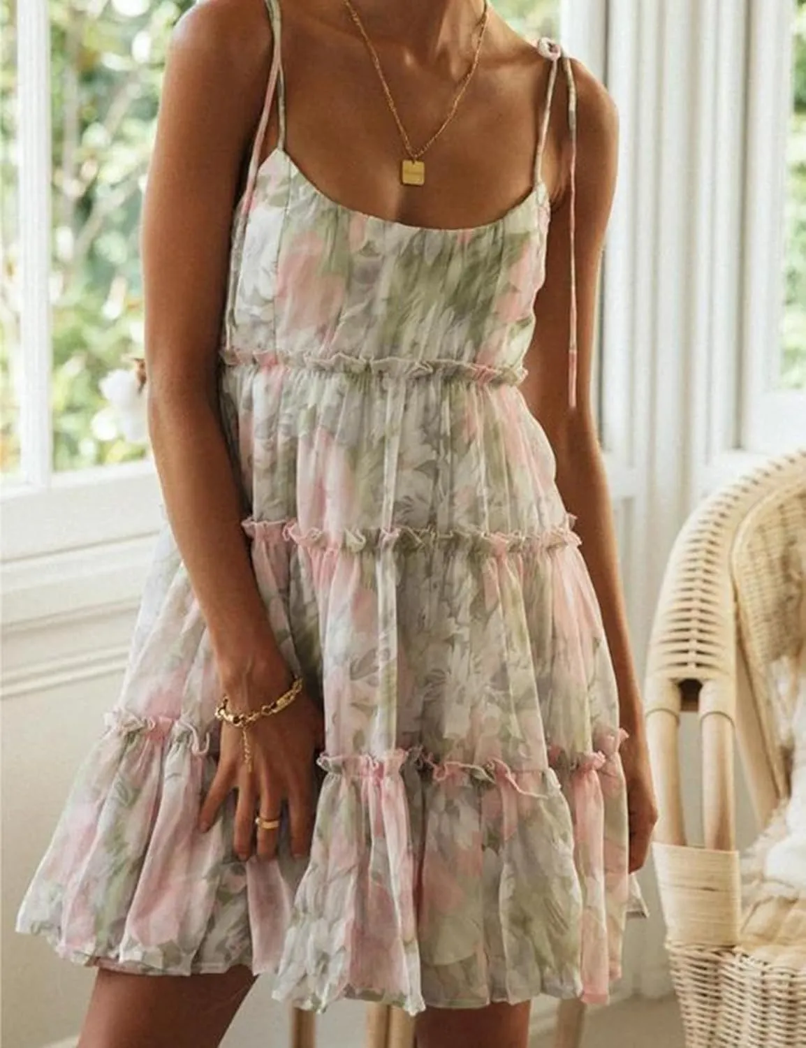 Gihuo Womens Floral Mini Dress Boho Flowy Skater Spaghetti Strap Ruffle Sleeveless Beach Dress 2024 Summer Sundresses