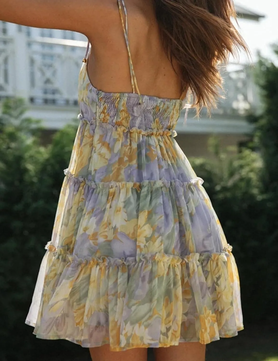 Gihuo Womens Floral Mini Dress Boho Flowy Skater Spaghetti Strap Ruffle Sleeveless Beach Dress 2024 Summer Sundresses