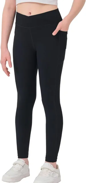 Girls Crossover Yoga Pants, Kids Athletic Leggings with Pockets, Teen Girls Dance Running Workout Leggings