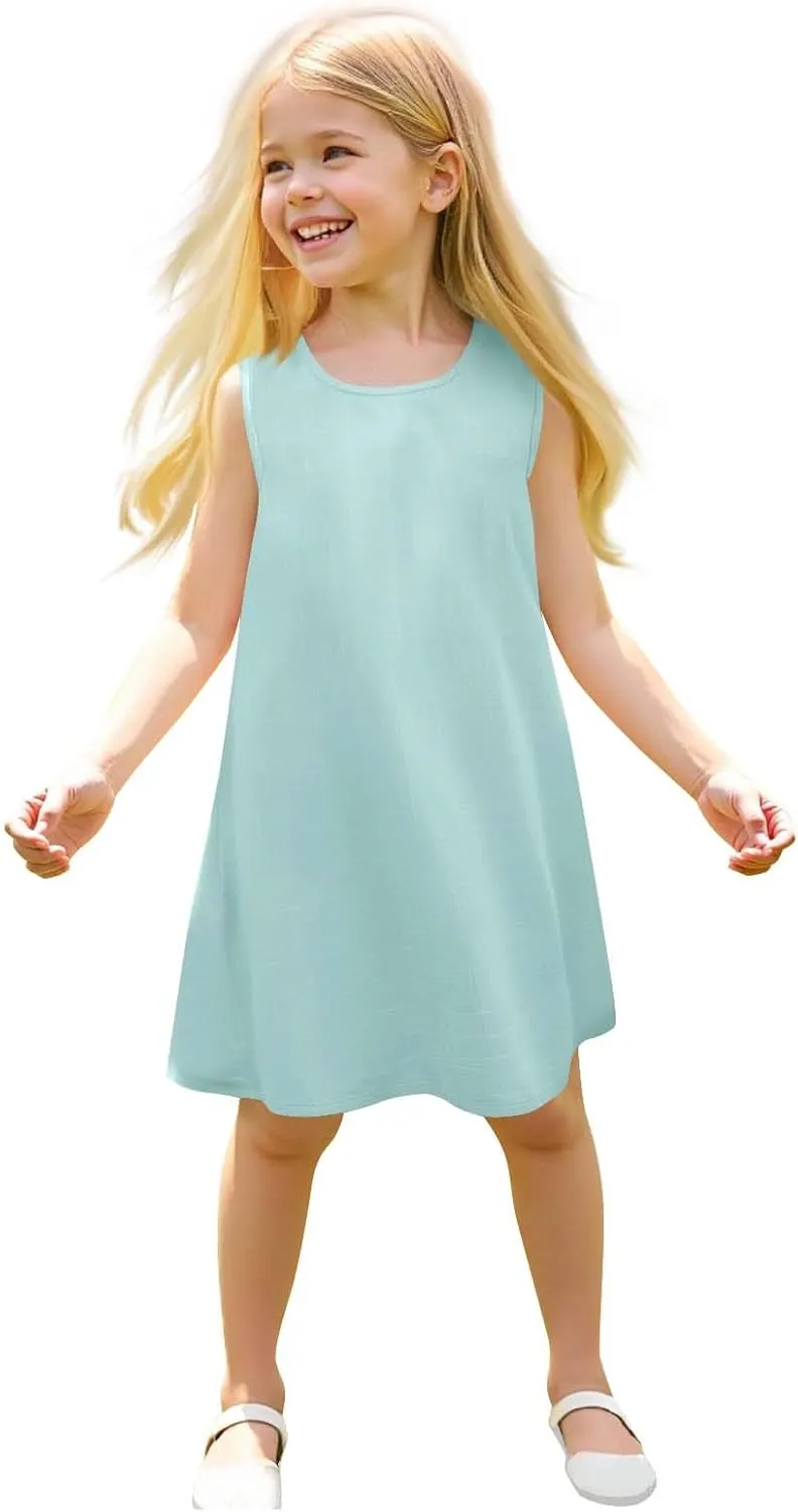 Girls Dress Cute Sleeveless Round Neck Pleated Mini Dress Casual 2025 Summer Beach Vacation Little Girls Dresses 1-7T