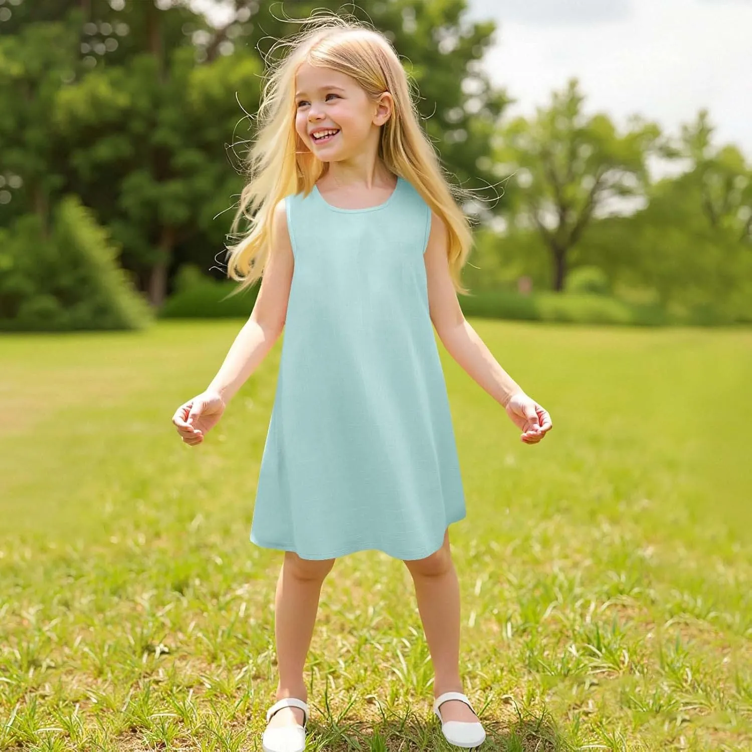 Girls Dress Cute Sleeveless Round Neck Pleated Mini Dress Casual 2025 Summer Beach Vacation Little Girls Dresses 1-7T