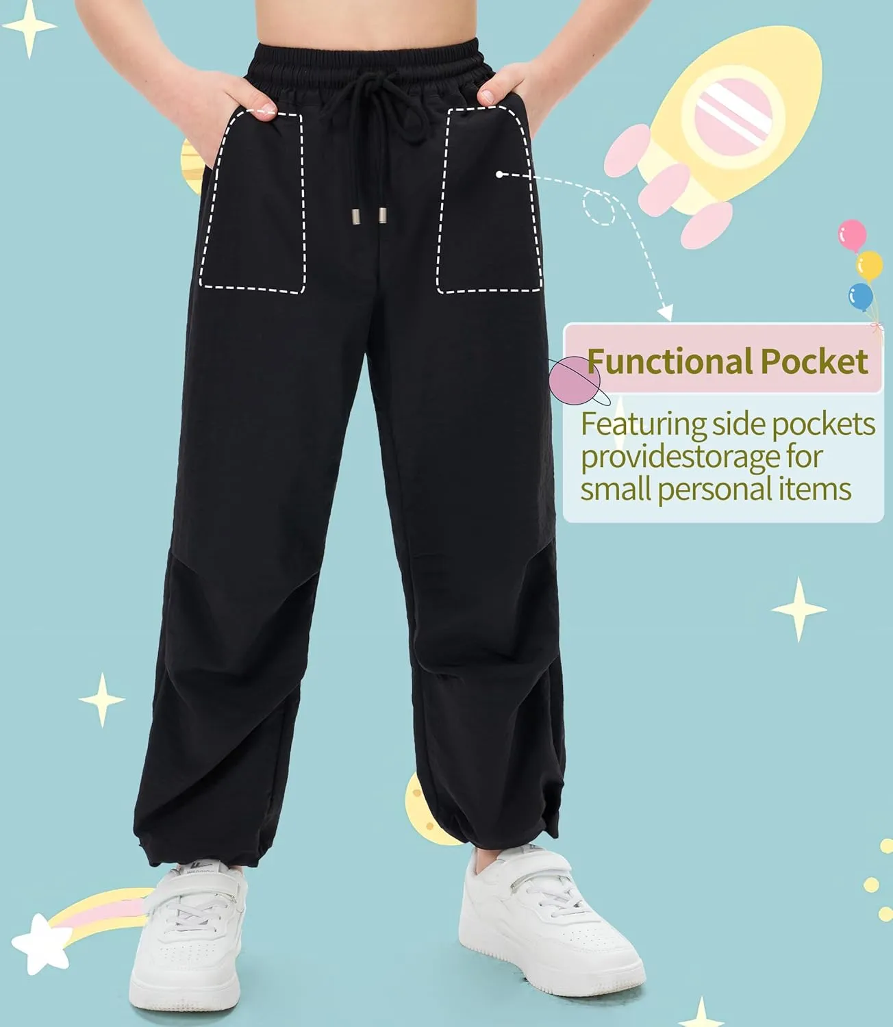 Girls Lightweight Cargo Hiking Joggers Parachute Pants Drawstring Waterproof Pants