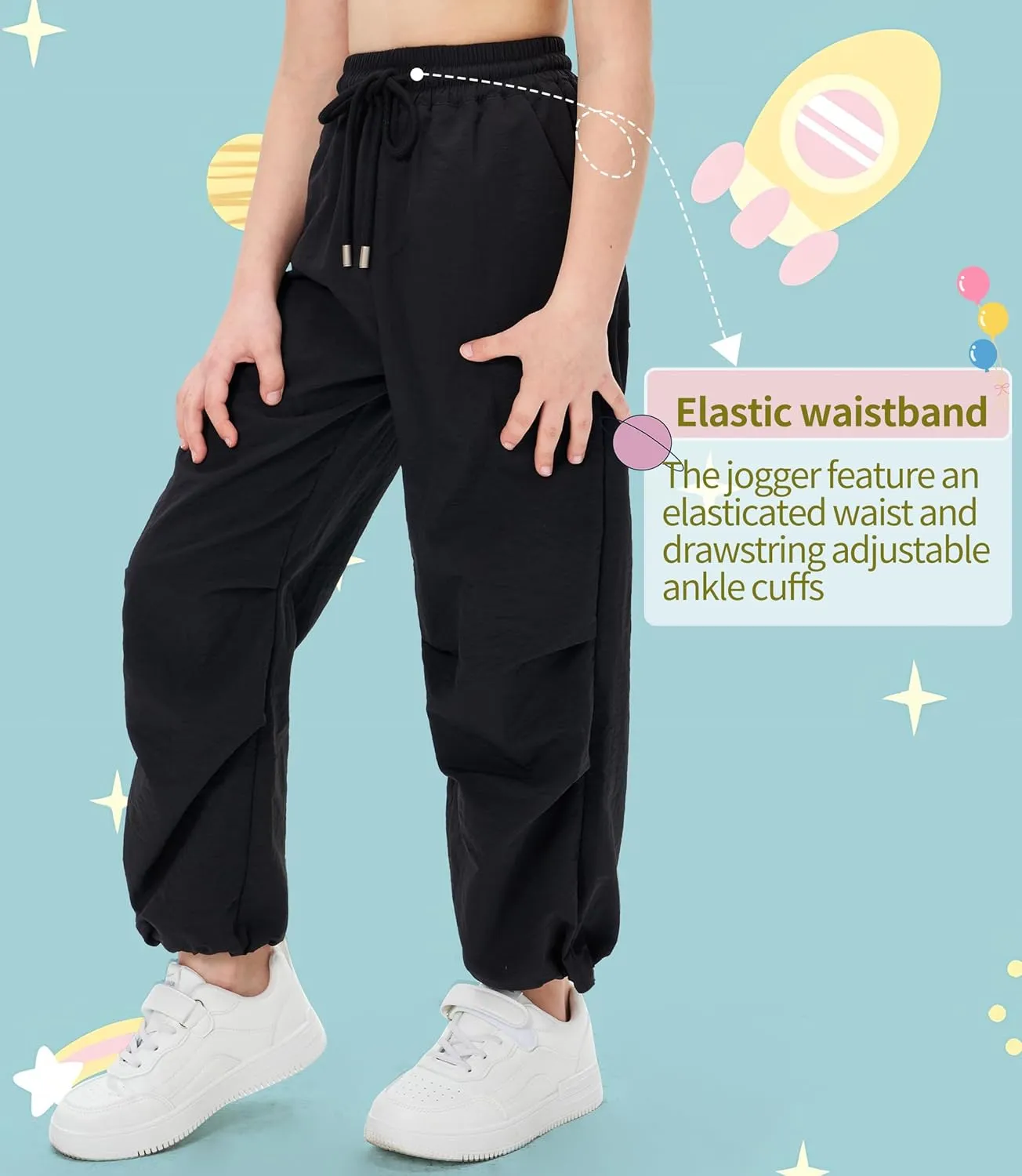 Girls Lightweight Cargo Hiking Joggers Parachute Pants Drawstring Waterproof Pants