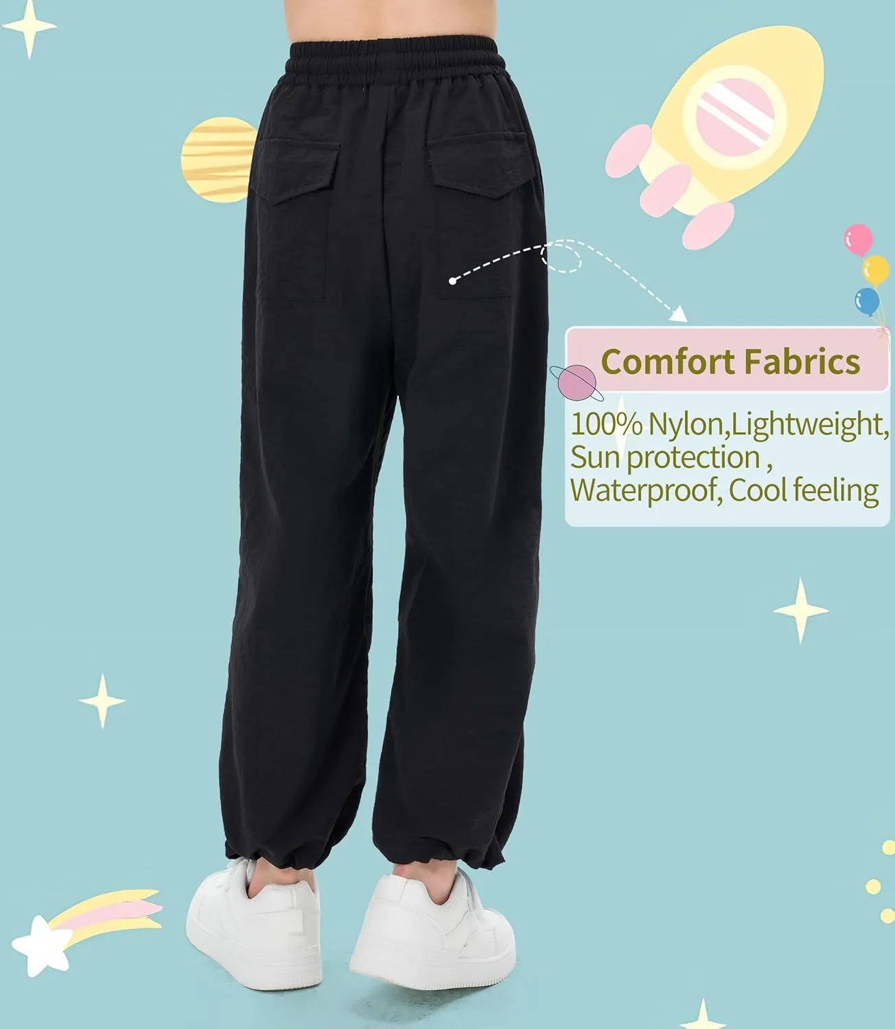 Girls Lightweight Cargo Hiking Joggers Parachute Pants Drawstring Waterproof Pants