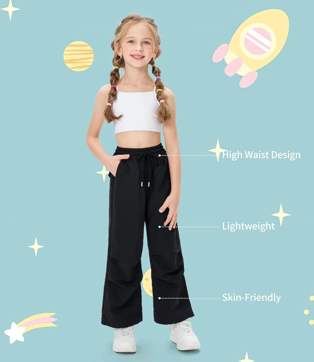 Girls Lightweight Cargo Hiking Joggers Parachute Pants Drawstring Waterproof Pants
